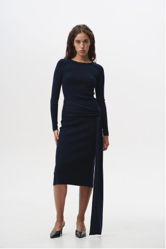 Платье с поясом на завязке из вискозы темно-синяя