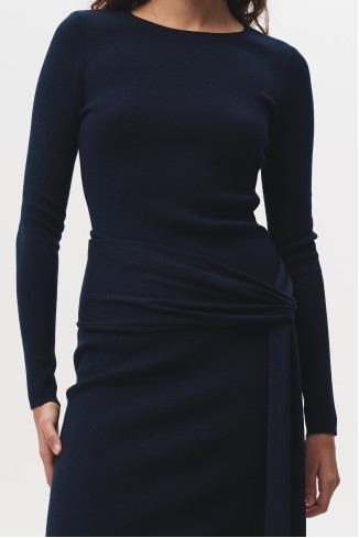 Платье с поясом на завязке из вискозы темно-синяя