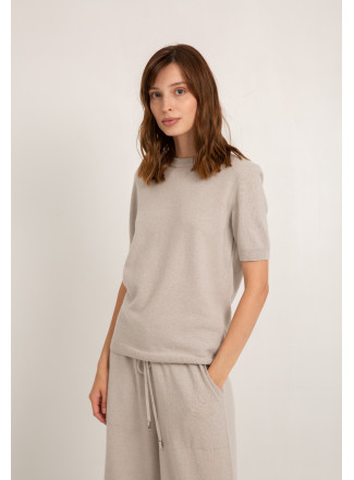 Grey Beige Short-Sleeved Merino Wool Jumper