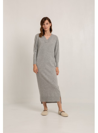Long Grey V-neck Lambswool Dress
