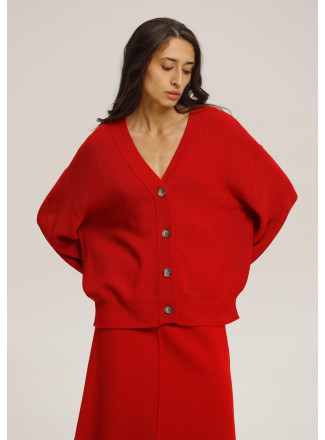 Red Wool Button Front Cardigan 