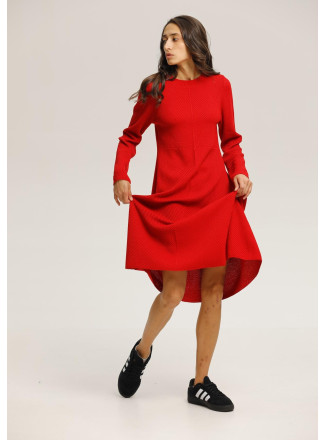 Red Textured Dress With Flared Skirt