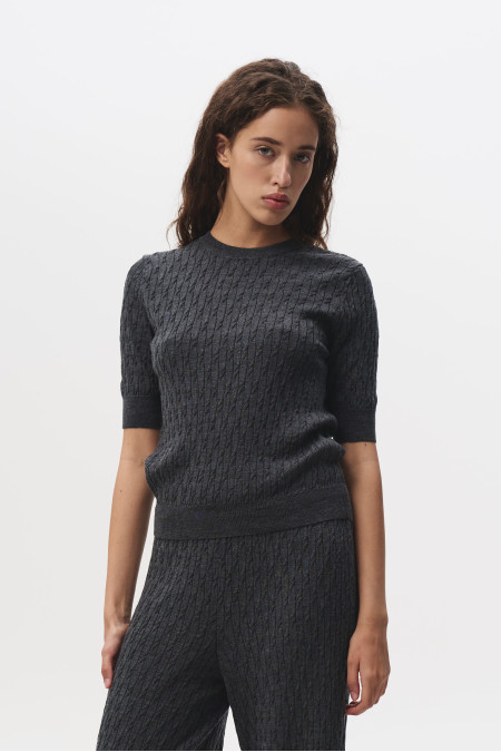 Dark Grey 100% Merino Wool Cable Knit Short-Sleeved Jumper