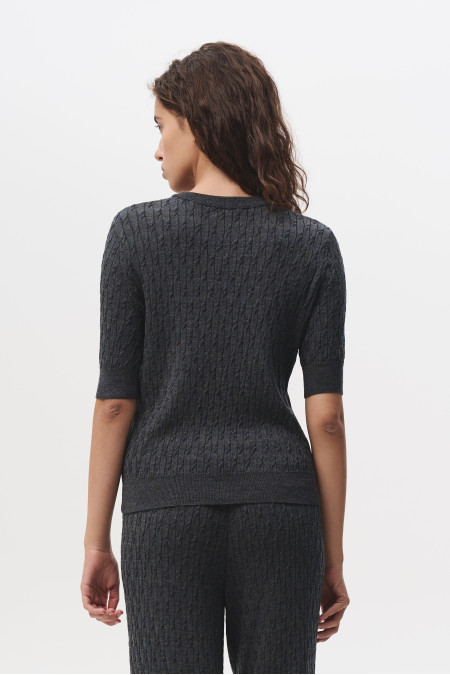 Dark Grey 100% Merino Wool Cable Knit Short-Sleeved Jumper