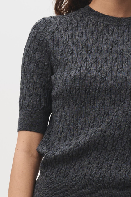 Dark Grey 100% Merino Wool Cable Knit Short-Sleeved Jumper