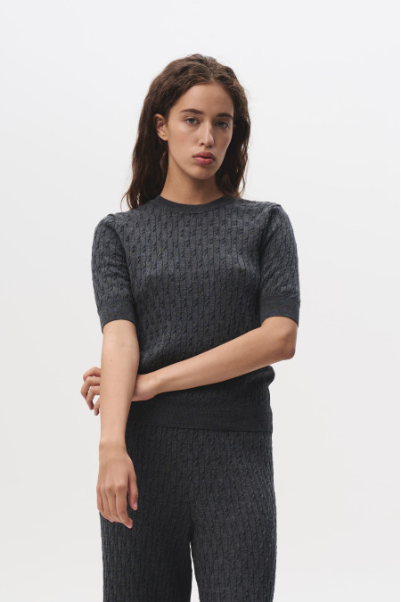 Dark Grey 100% Merino Wool Cable Knit Short-Sleeved Jumper