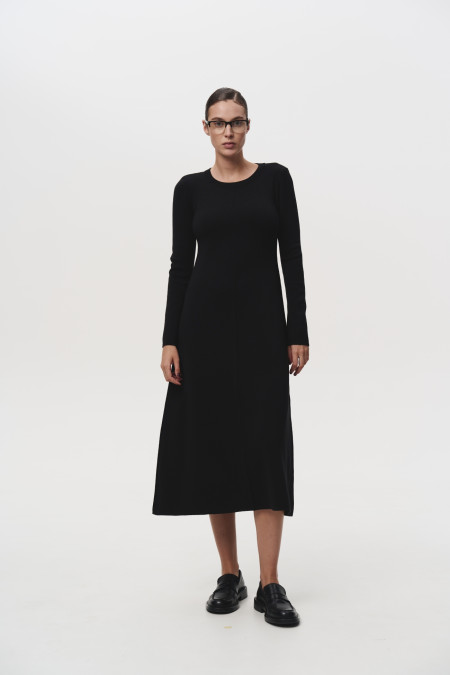 Black Merino Wool A-line Dress