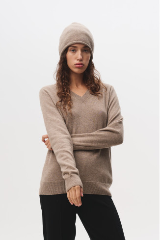 Beige 100% Cashmere V-neck Jumper