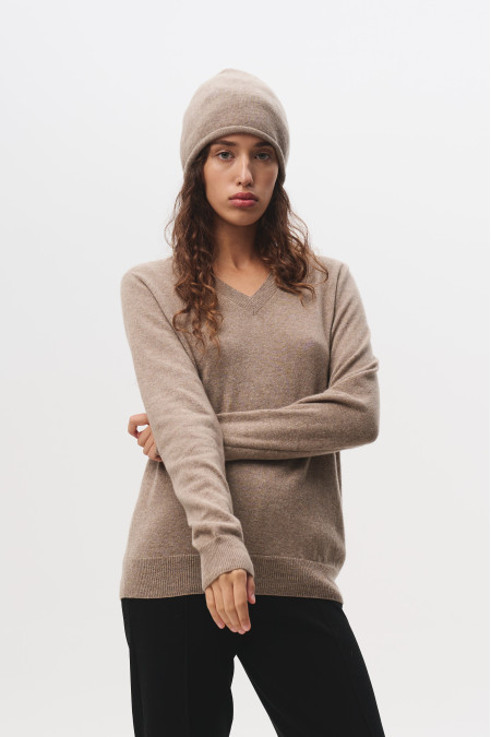 Beige 100% Cashmere V-neck Jumper