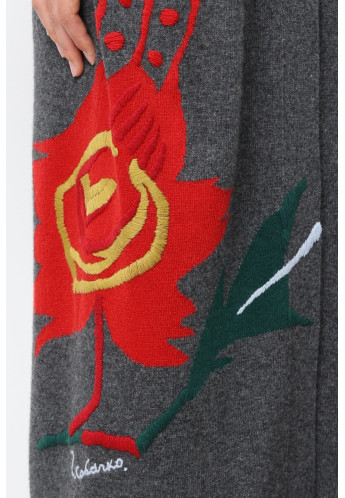 Довгий кардиган з червоною вишитою квіткою темно-сірий