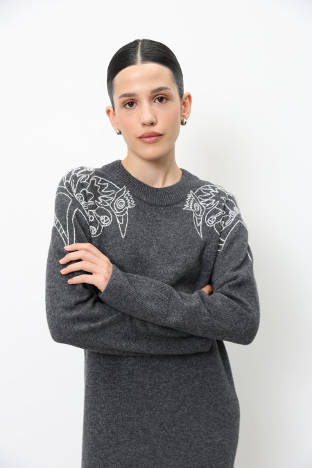 Long Dark Grey Embroidered Dress