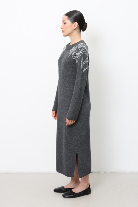 Long Dark Grey Embroidered Dress