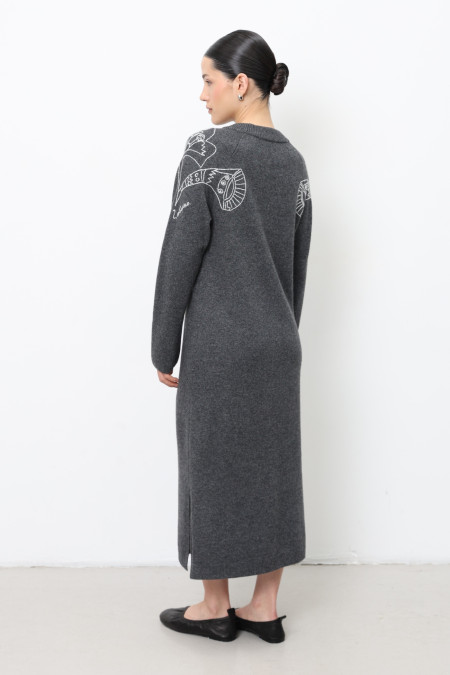 Long Dark Grey Embroidered Dress