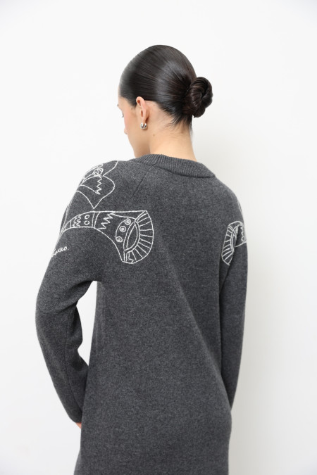 Long Dark Grey Embroidered Dress