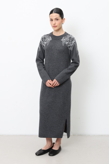 Long Dark Grey Embroidered Dress