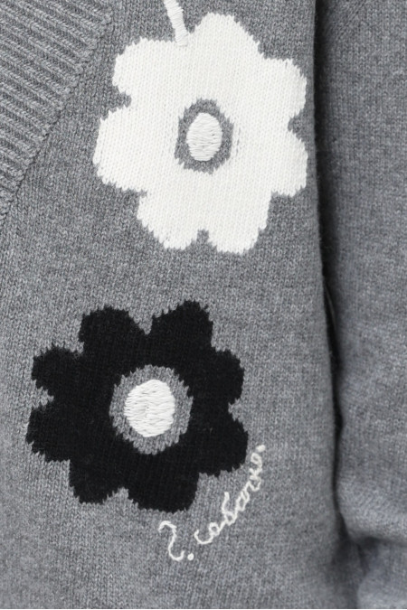 Grey Oversized Cardigan With Embroidered Flowers