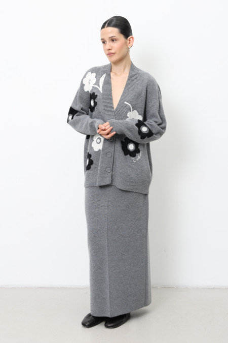 Grey Oversized Cardigan With Embroidered Flowers