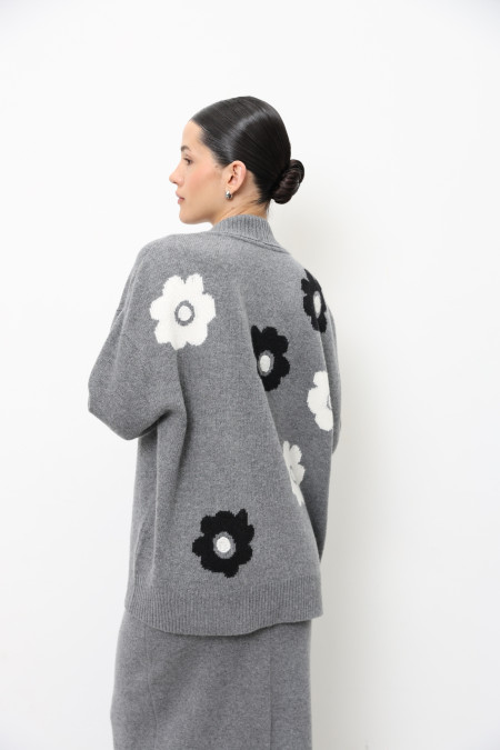 Grey Oversized Cardigan With Embroidered Flowers