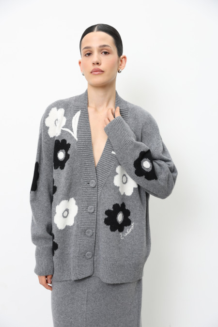 Grey Oversized Cardigan With Embroidered Flowers