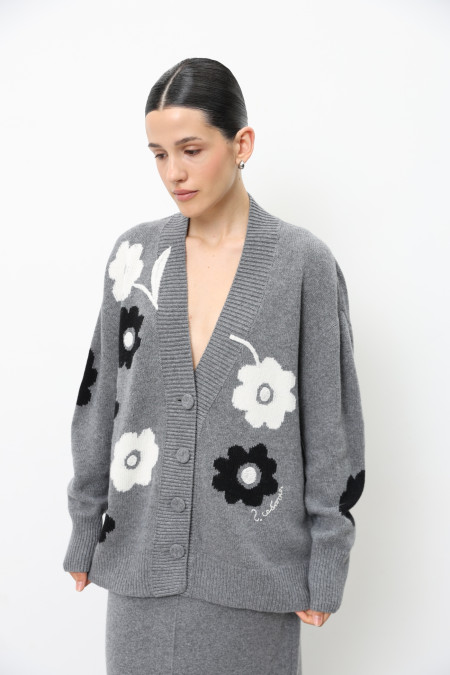 Grey Oversized Cardigan With Embroidered Flowers