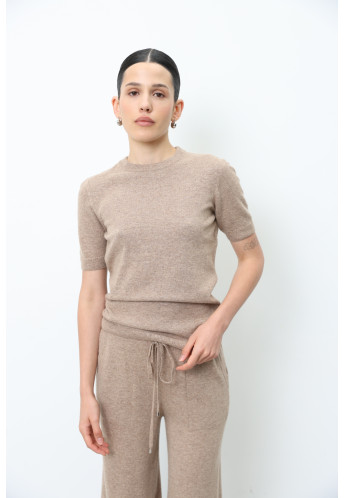 Джемпер з вовни ягнят з коротким рукавом темно-бежевий