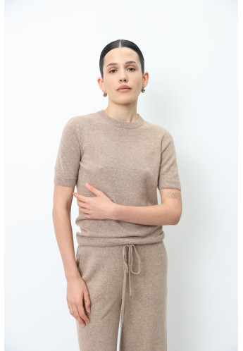 Джемпер з вовни ягнят з коротким рукавом темно-бежевий