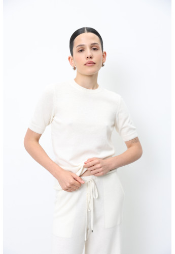 Джемпер з вовни ягнят з коротким рукавом молочний