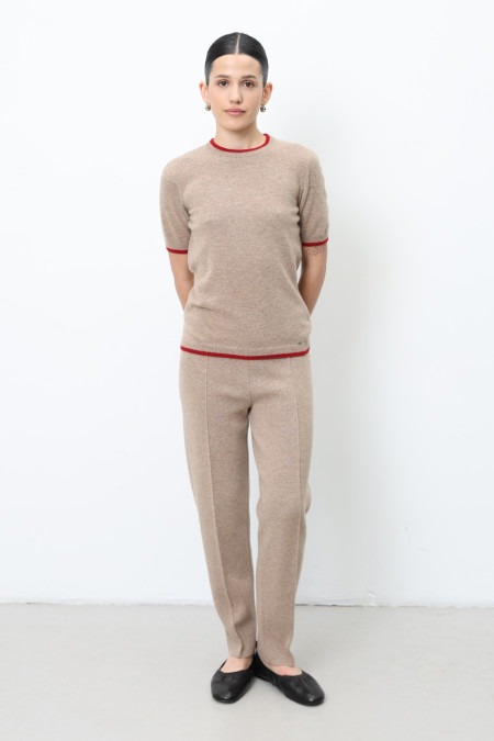 Джемпер з вовни ягнят з коротким рукавом бежево-червоний