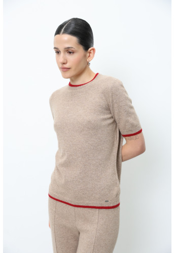 Джемпер з вовни ягнят з коротким рукавом бежево-червоний