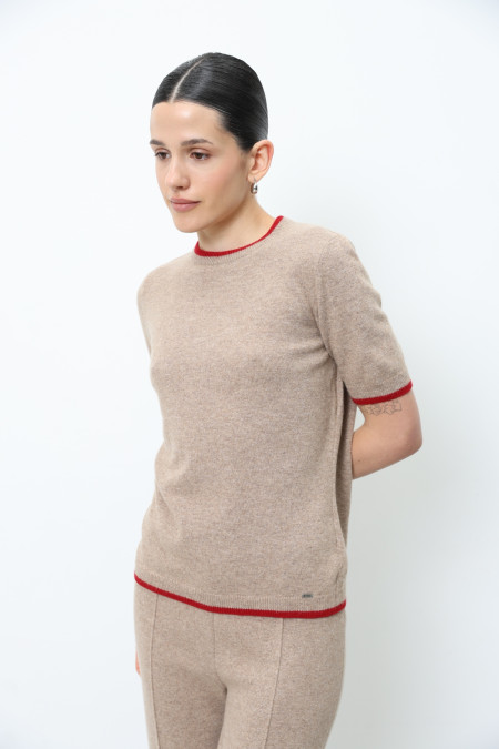 Джемпер з вовни ягнят з коротким рукавом бежево-червоний