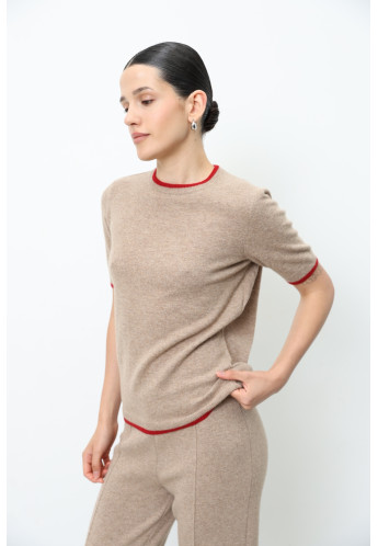 Джемпер з вовни ягнят з коротким рукавом бежево-червоний