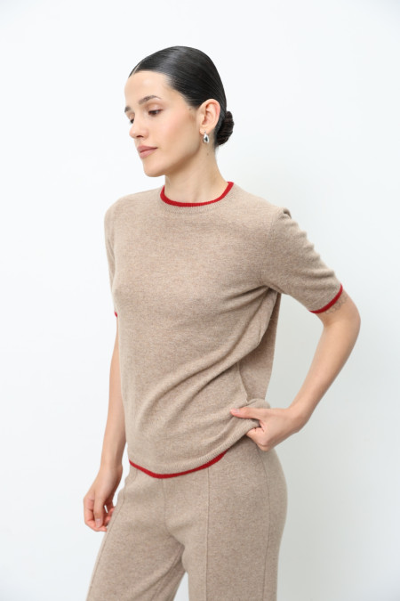 Джемпер з вовни ягнят з коротким рукавом бежево-червоний