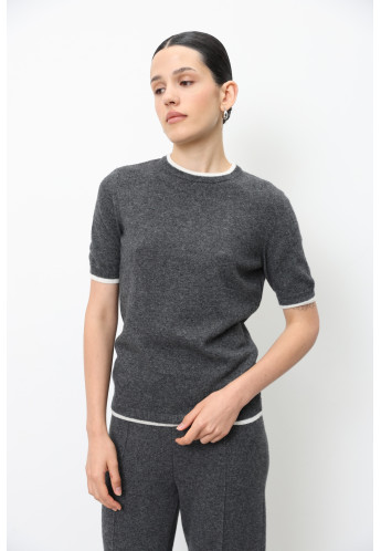 Джемпер з вовни ягнят з коротким рукавом темно-сірий-молочний