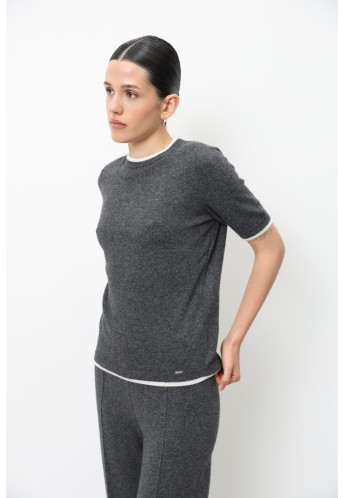 Джемпер з вовни ягнят з коротким рукавом темно-сірий-молочний