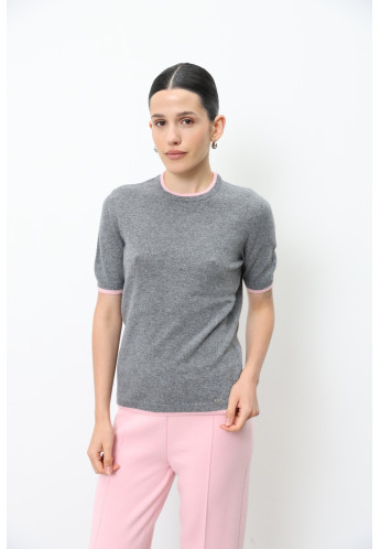 Джемпер з вовни ягнят з коротким рукавом сіро-рожевий