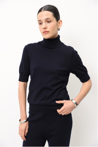 Гольф зі 100% вовни мериноса з коротким рукавом темно-синій