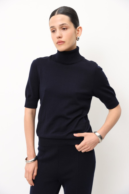 Гольф из 100% шерсти мериноса с коротким рукавом темно-синий