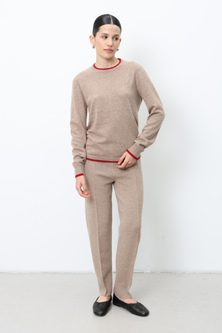 Джемпер з вовни ягнят з довгим рукавом бежево-червоний