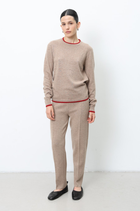 Джемпер з вовни ягнят з довгим рукавом бежево-червоний