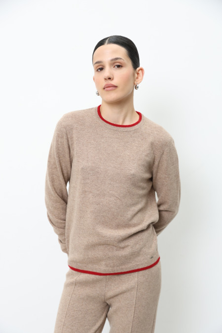 Джемпер з вовни ягнят з довгим рукавом бежево-червоний