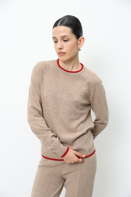 Джемпер з вовни ягнят з довгим рукавом бежево-червоний