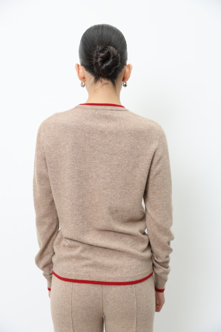 Джемпер з вовни ягнят з довгим рукавом бежево-червоний