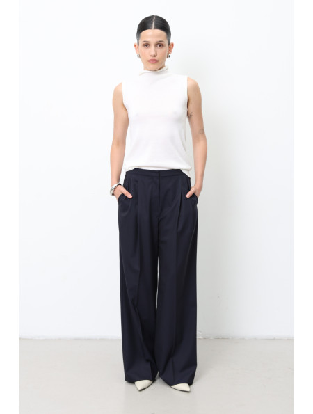 Wide Navy Pleated Trousers