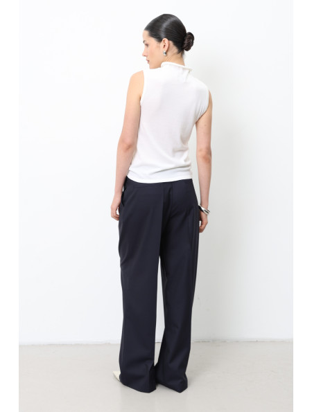 Wide Navy Pleated Trousers