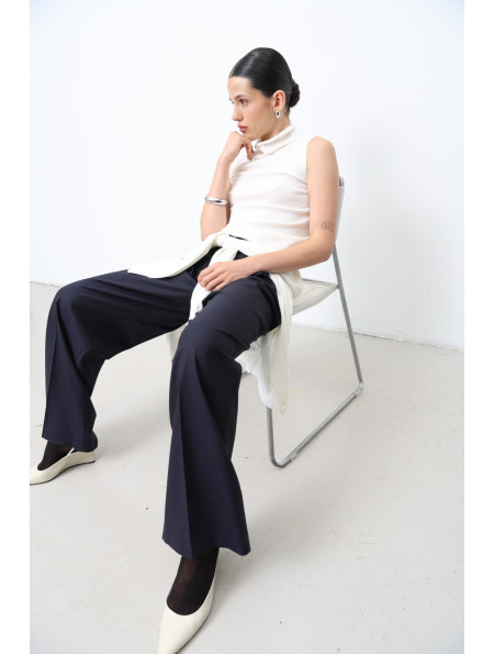 Wide Navy Pleated Trousers