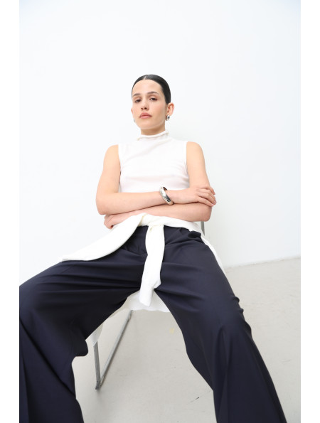 Wide Navy Pleated Trousers