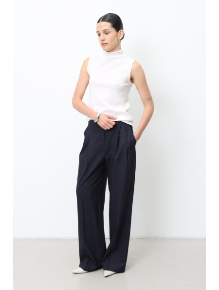 Wide Navy Pleated Trousers