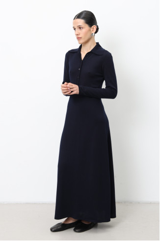 Navy 100% Merino Wool Dress With Collar
