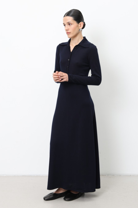 Navy 100% Merino Wool Dress With Collar