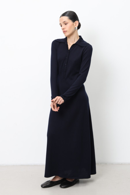 Navy 100% Merino Wool Dress With Collar